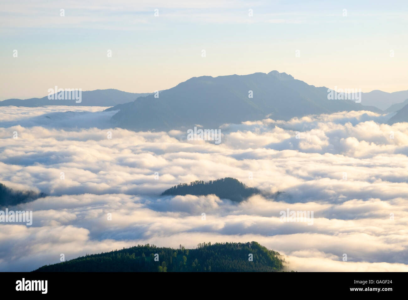 Wolken im Morgenlicht, Outlook, Tal, Nationalpark Gesäuse, Steiermark, Österreich Stockfoto