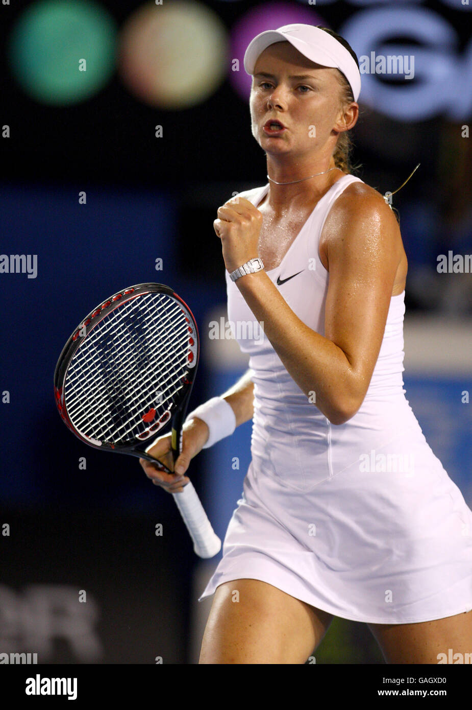 Tennis - Australian Open 2008 - Tag 11 - Melbourne & Olympic Parks. Daniela Hantuchova feiert während ihres Halbfinalmatches gegen Ana Ivanovic am 11. Tag der Australian Open Stockfoto