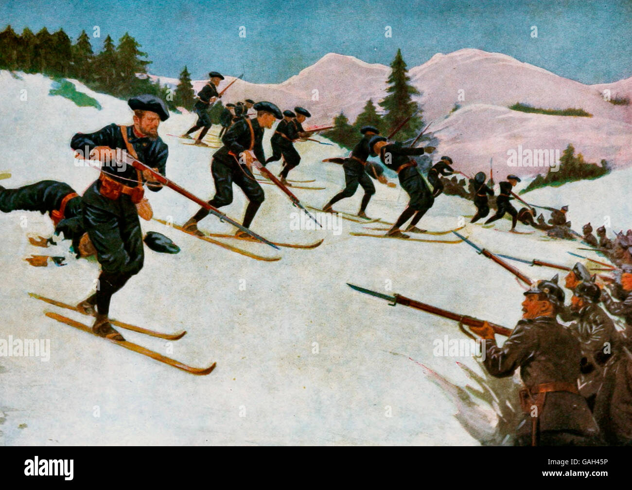 Alpine Chasseurs berechnen deutsche Linien auf Skiern im ersten Weltkrieg Stockfoto