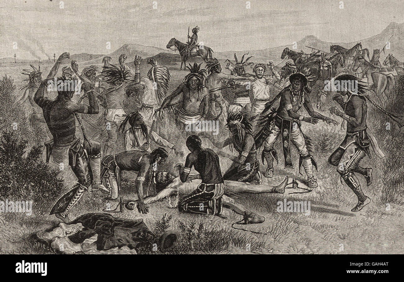 Auf Gedeih und Verderb grausamen Entführer - Folter durch langsame Brände von Native Americans, ca. 1875 Stockfoto