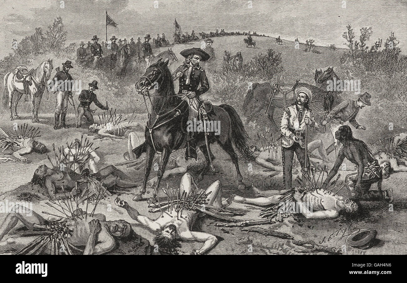 Das Schicksal der Leutnant Kidder und seine gesamte Befehl - Entdeckung ihres Körpers durch General Custer, 1870er Jahre, American Indian Wars Stockfoto