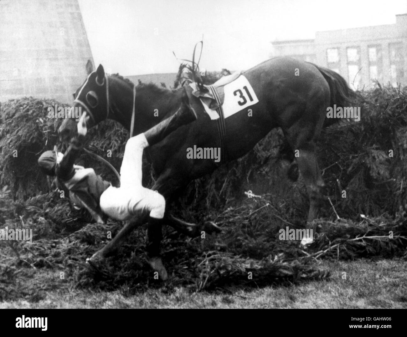 Pferderennen - The Grand National - Aintree. Der Jockey Derek Ancil wird am Vorsitzenden von der dreifachen Fackel geworfen Stockfoto