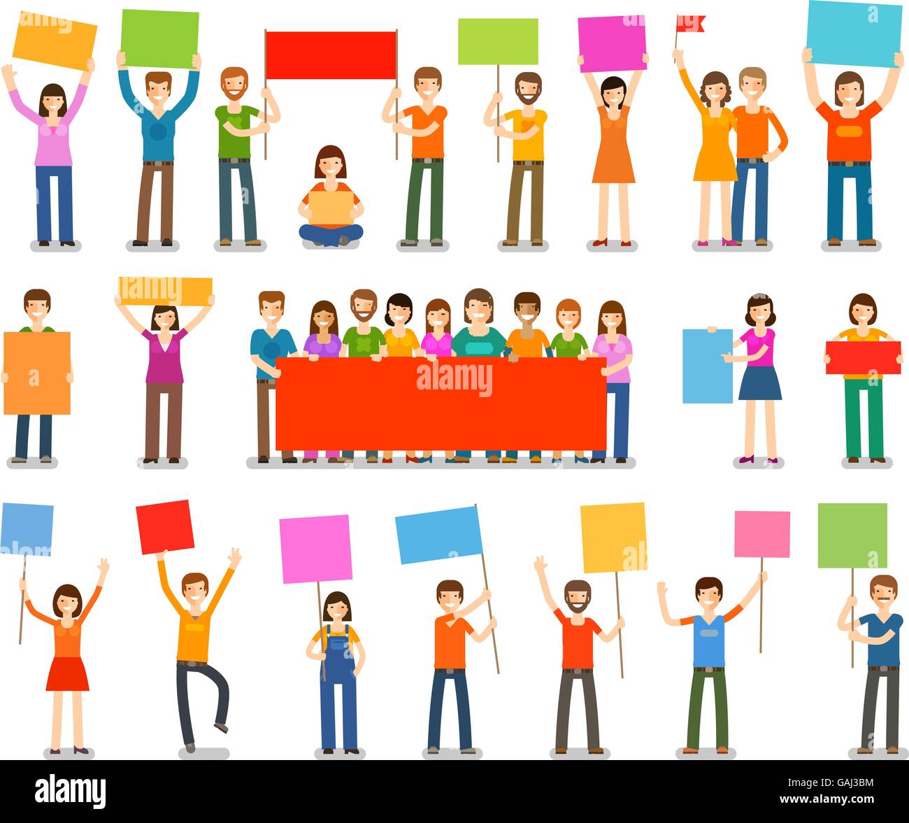 Vorführung oder Umzug, Parade Symbole. Menschen mit Plakaten isoliert auf weißem Hintergrund. Vektor-illustration Stock Vektor