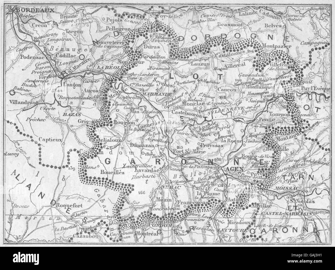 LOT-ET-GARONNE: Lot-et-Garonne, 1878 Antike Landkarte Stockfoto