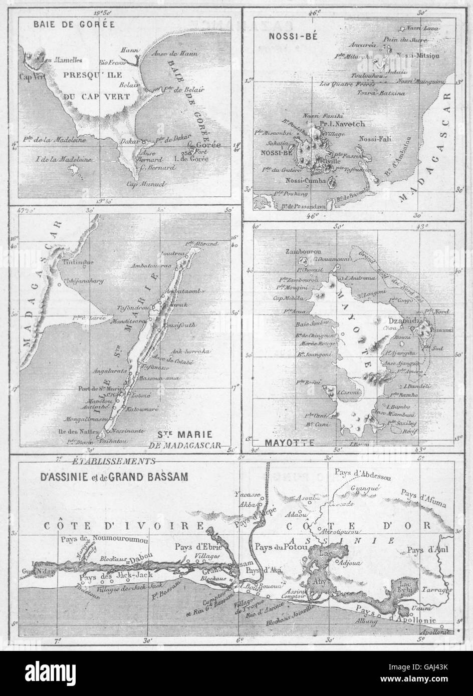Madagaskar: Nossi-Be, Mayotte, Baie Goree, Ste Marie, Bassam D'Assinie, 1878-Karte Stockfoto