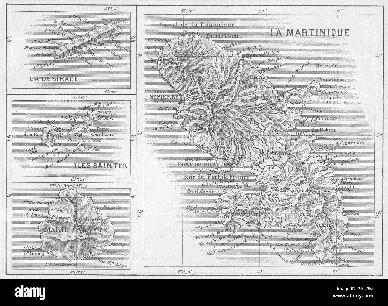 Westindische Inseln: Martinique, Marie-Galante, Desirade, Iles Saintes, 1878 alte Karte Stockfoto