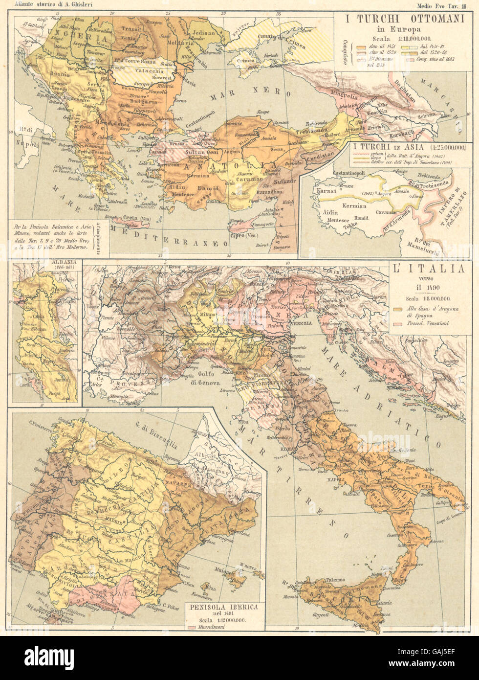 TURCHI: Ottomani in Europa; Asien; Albanien; Italia; Penisola Iberica, 1889-Karte Stockfoto