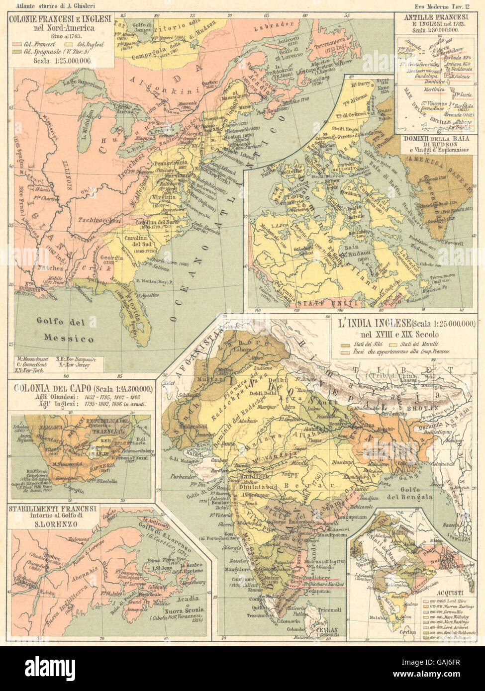 COLONIE FRANCESI INGLESI: Amerika Colonia Capo Lorenzo Antille Indien, 1889-Karte Stockfoto
