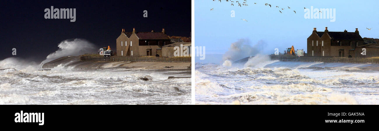 Eine Stunde auseinander (linkes Bild um 14:30 und rechtes Bild um 15:30) von einer Welle, die über die A956 zwischen Allonby und Silloth in Cumbria bricht, während das schlechte Wetter anhält. Stockfoto