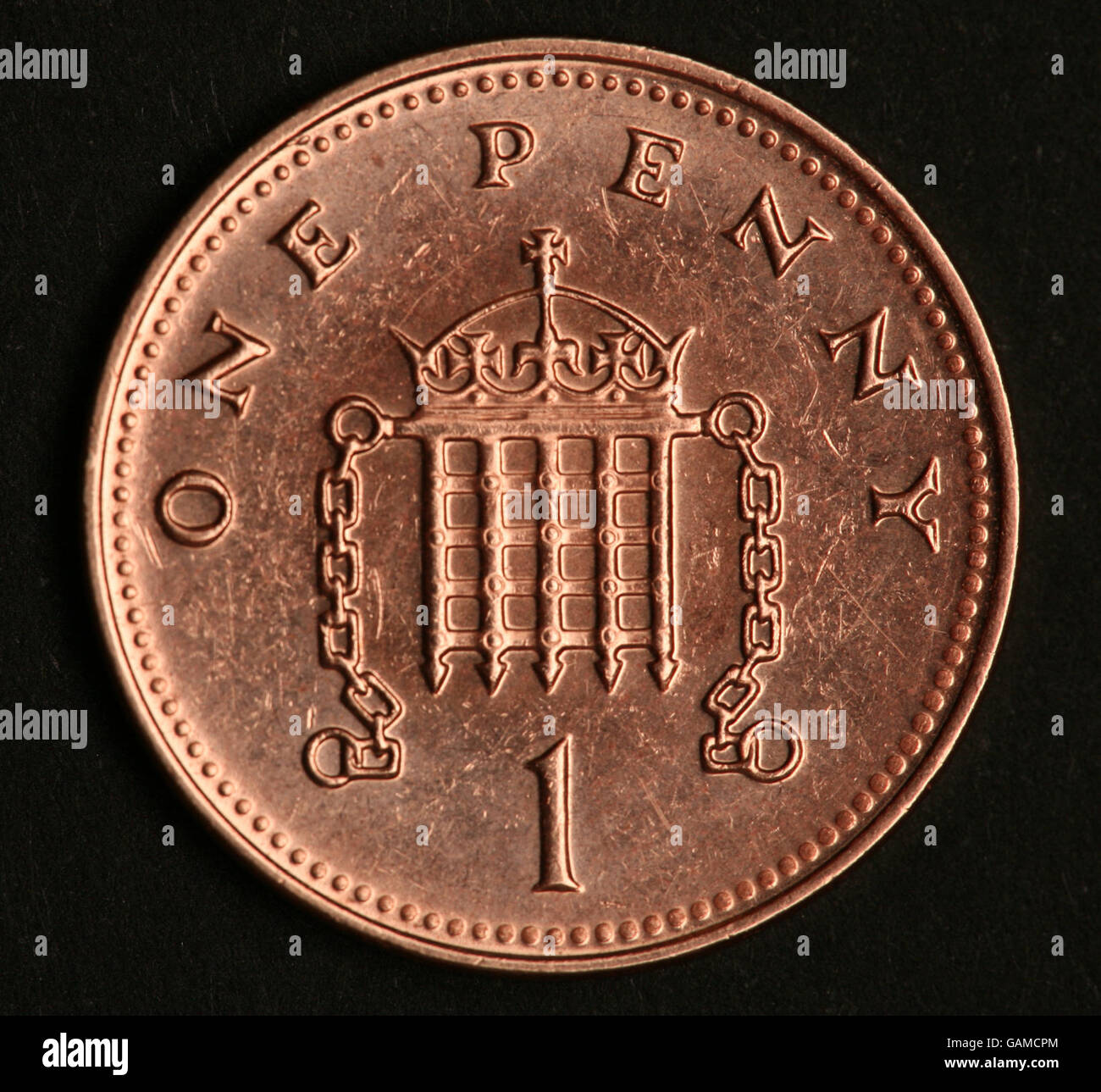 Münzen. Eine 1 Pence Münze. Stockfoto