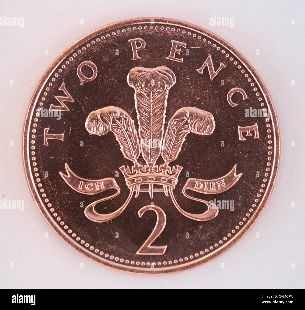 Münzen. Eine Münze mit zwei Pence. Stockfoto