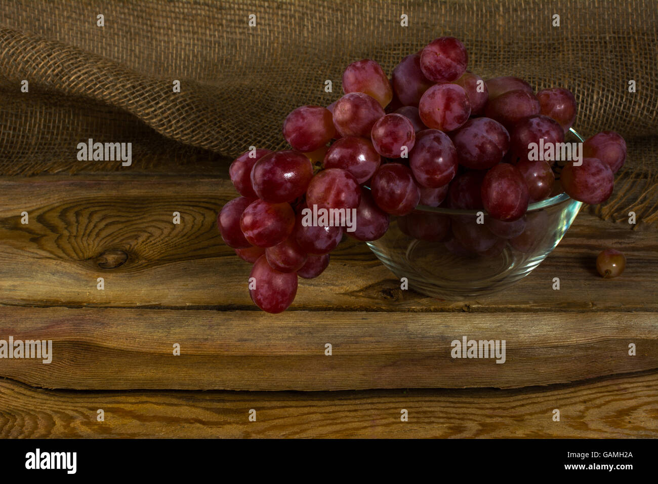 Reihe von roten Trauben auf einem dunklen Hintergrund aus Holz. Cluster von Trauben. Haufen von Trauben. Cluster-Trauben.  Bündel Weintrauben. Trauben. Grap Stockfoto