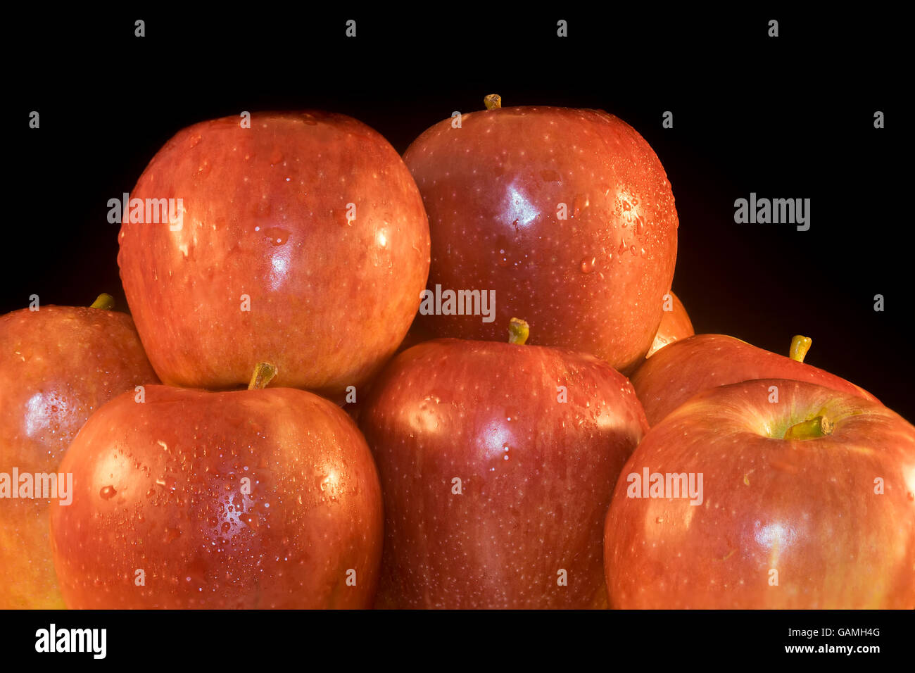 Frische Äpfel auf schwarzem Hintergrund. Stockfoto