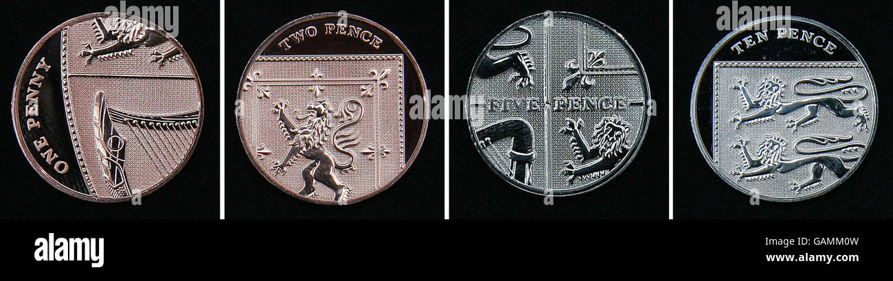 Royal Mint enthüllt neue Münzdesigns. Neue Designs der Royal Mint, die auf der Rückseite der britischen Münzen 1p, 2p, 5p und 10p enthalten werden, Stockfoto
