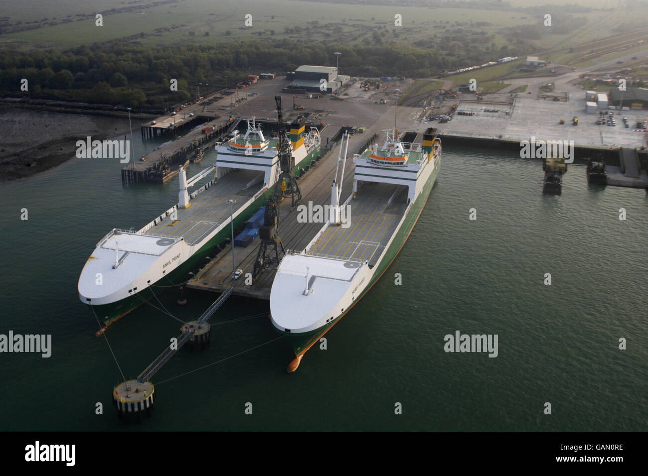 Gesamtansicht des Marchwood Military Port, Sea Mounting Center in der Nähe von Southampton. Stockfoto