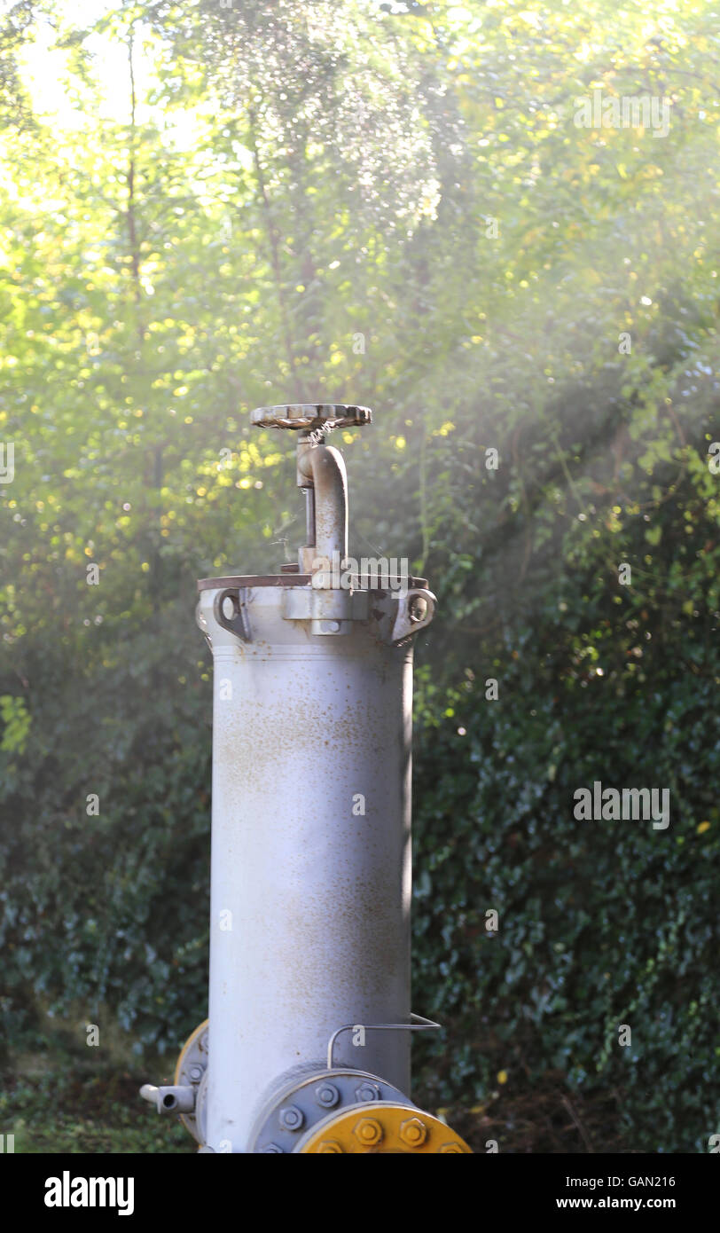 große Gasrohr mit einem Sicherheitsventil, das wichtige Gaspipeline durch den Wald Stockfoto