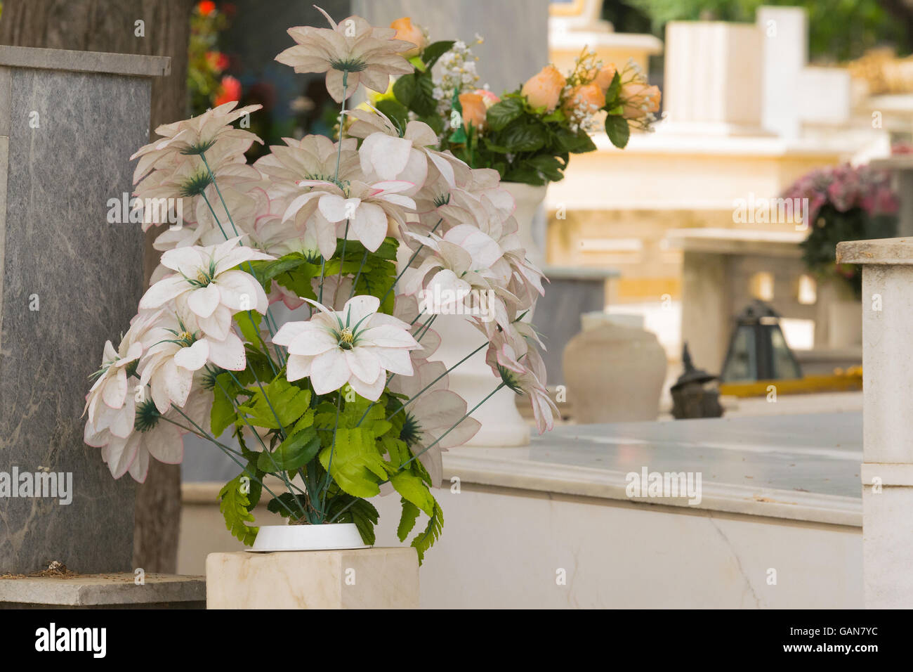 Blumen Sie am Grab auf einem Friedhof. Stockfoto