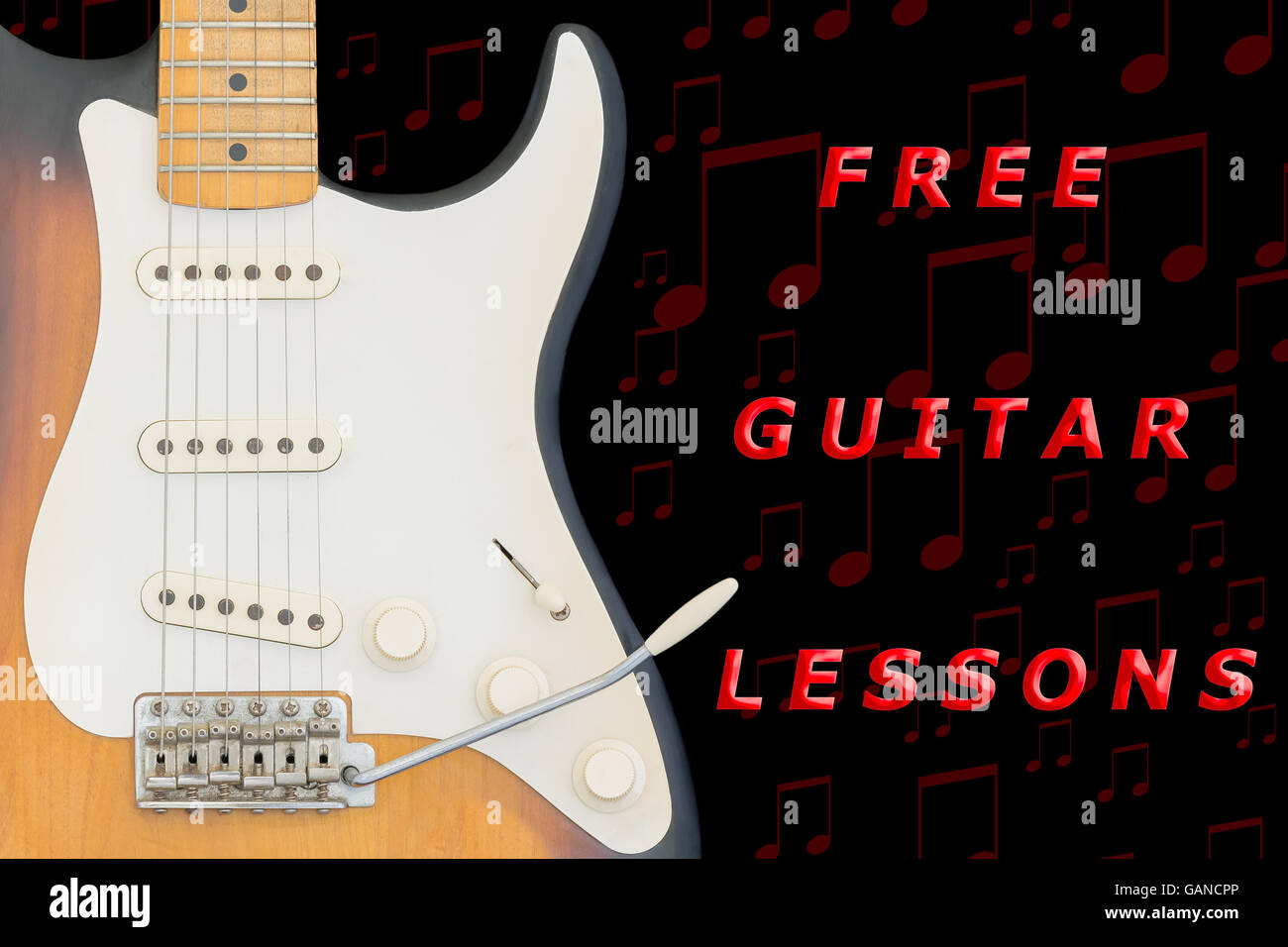 Kostenlose e-Gitarrenunterricht auf schwarzem Hintergrund. Nahaufnahme. Stockfoto