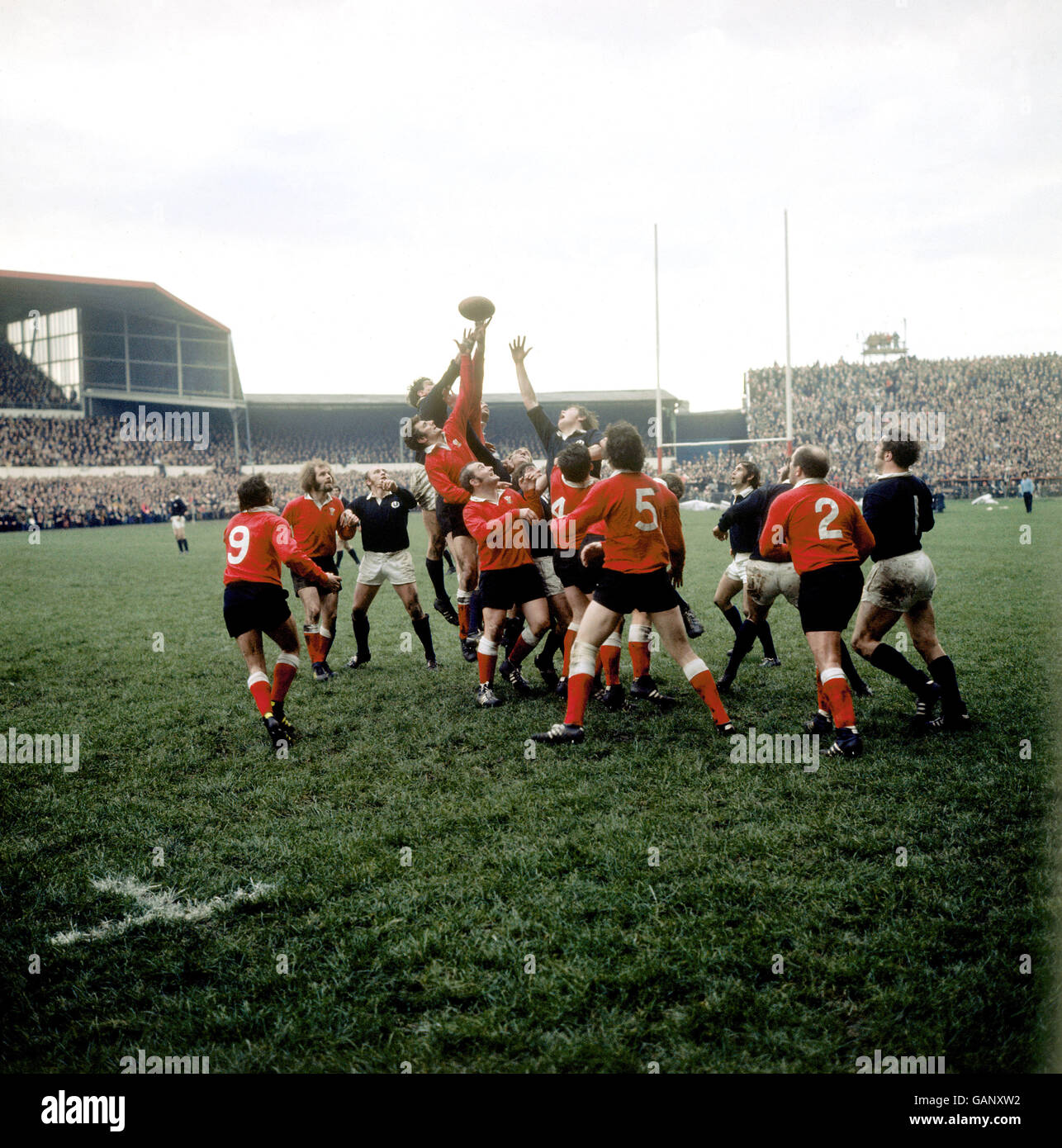 Wales' Dai Morris (c, l) und Schottland's Gordon Brown (c, r) nicht erreichen den Ball bei einer Linie heraus Stockfoto