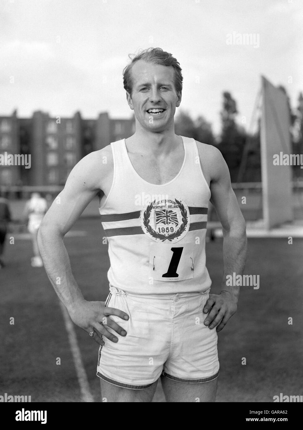 David Jones aus Großbritannien, der Teil des siegreichen britischen 4x100-m-Staffelteams war, das die Bronzemedaille bei den Olympischen Spielen in Rom gewann. Stockfoto