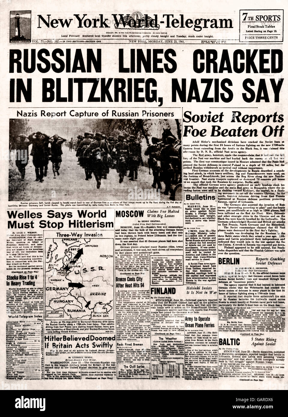 Russische Linien in Blitzkrieg gebrochen, Nazis sagen ( New York World Telegram ) Nazi-Deutschland zweiten Weltkrieg Stockfoto