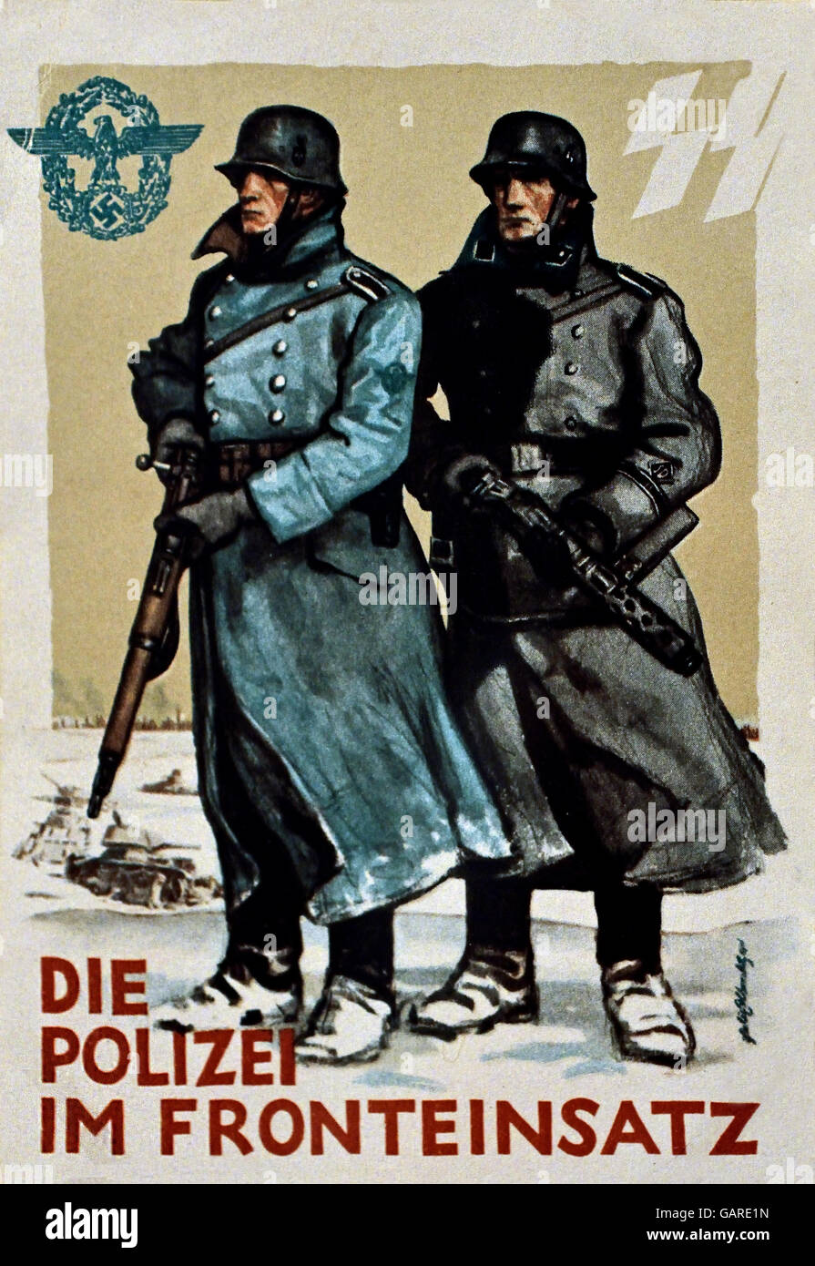 Sterben Sie Polizei Im Fronteinsatz - Polizei vordere Einheit Berlin Nazideutschland (Postkarte für deutsche Polizei Tag 1942) Stockfoto