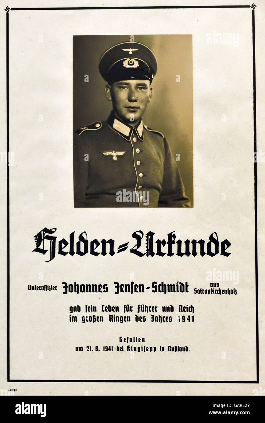 Urkunde Schmuckblatt Zum Tod Unteroffiziers Helden - Helden Zertifikat Dekoration Blatt Tod Sergeant Johannes Jensen Schmidt 1941) Berlin Nazi-Deutschland Stockfoto
