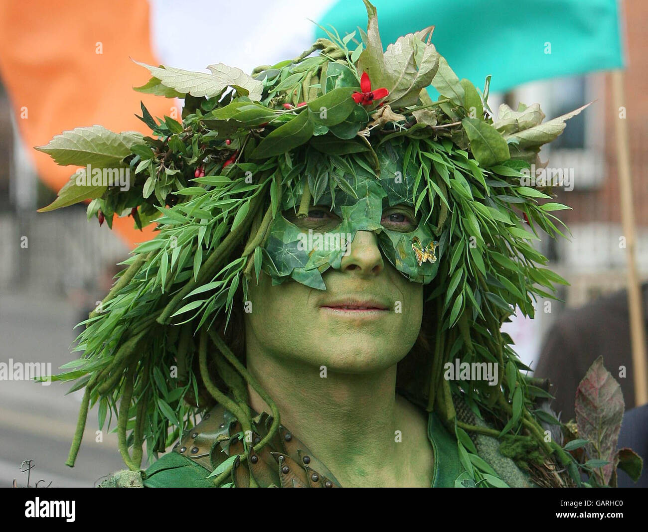 Der Umweltkämpfer Sean O'Braonain leitet die Meath Master Plan Rallye in Dublins Parnell Street. Stockfoto