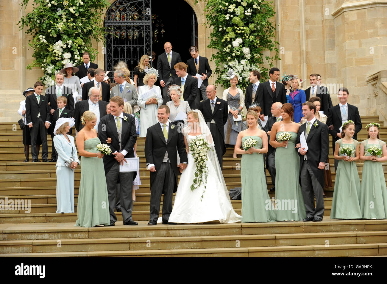 Peter Phillips, der älteste Enkel von Queen Elizabeth II und Canadian Autumn Kelly, verlassen die St. George's Chapel in Windsor, England, nach ihrer Hochzeitszeremonie. Stockfoto