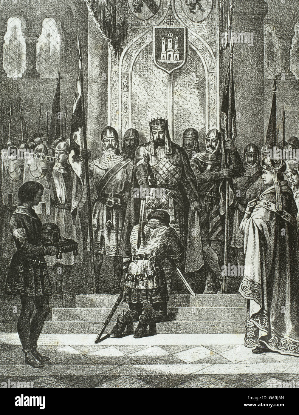 Alfonso IX (1171-1230). König von Leon. Alfonso IX werden von Alfonso VIII (1155-1214) zum Ritter geschlagen. Gravur in Spanien Illustrated History, 19. Jahrhundert. Stockfoto