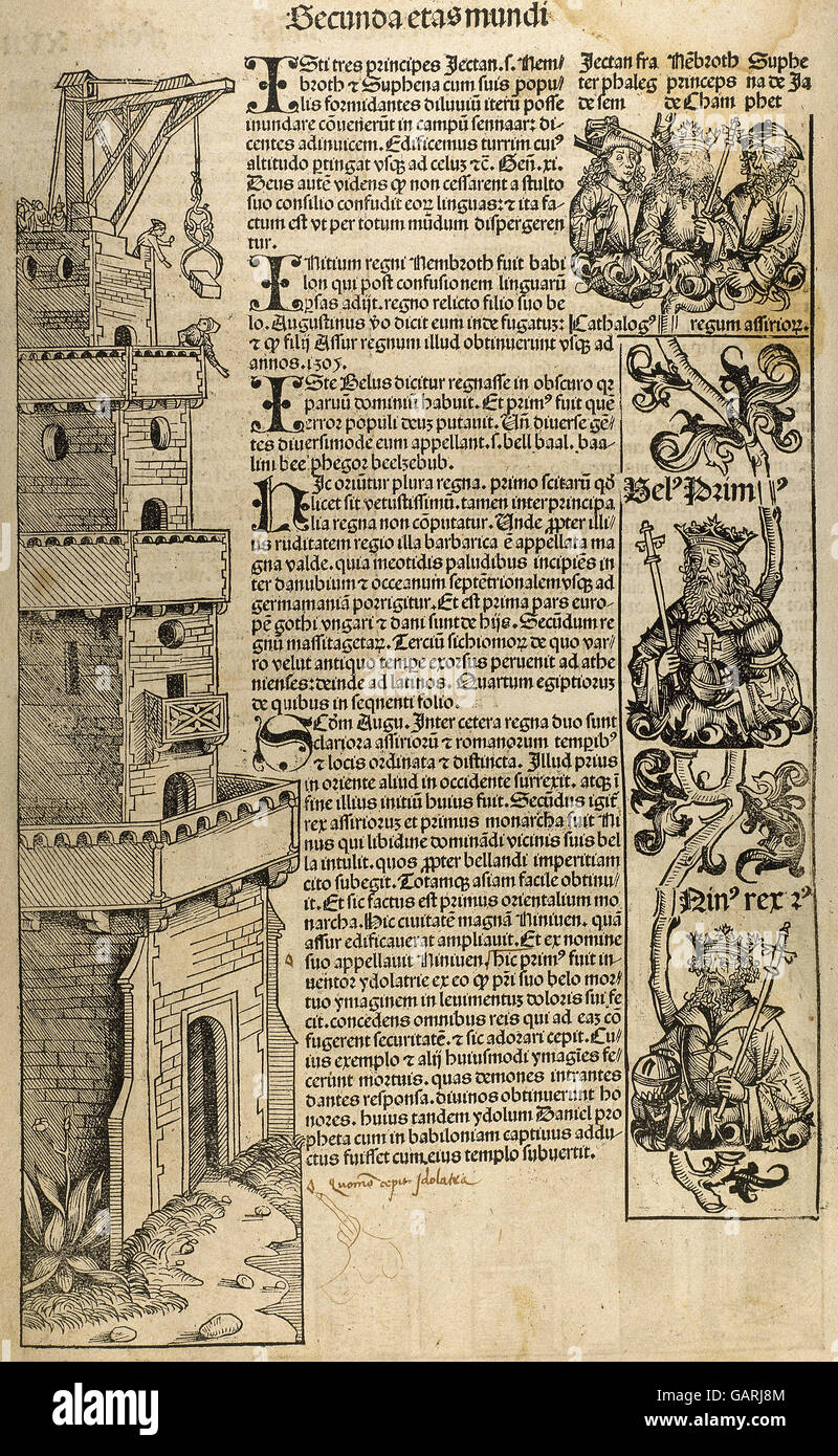Bau des Turms von Babel. Secunda Etas Mundi. Kupferstich aus dem 16. Jahrhundert. Stockfoto