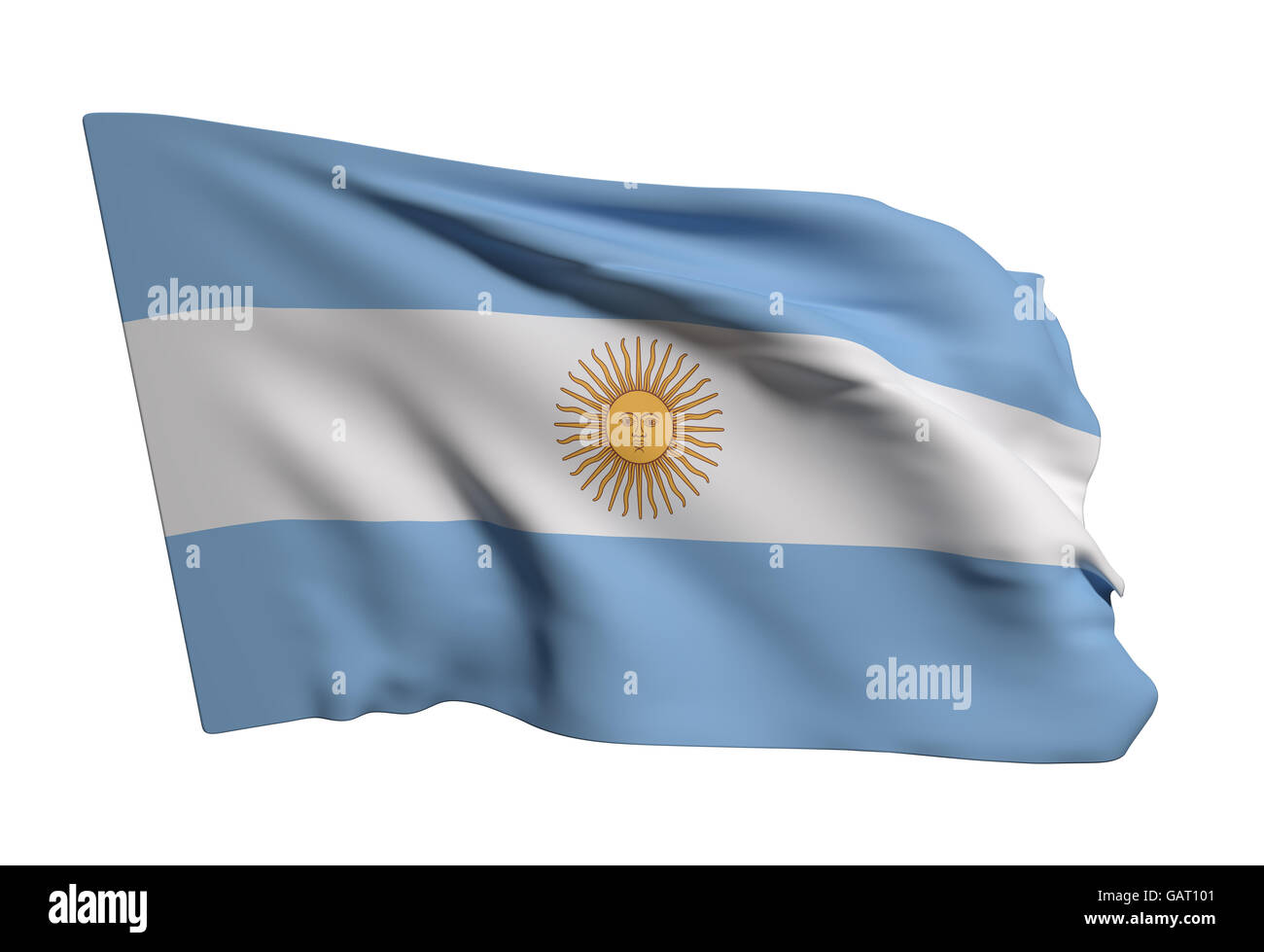 3D Rendering der Argentinischen Republik Fahnenschwingen auf weißem Hintergrund Stockfoto