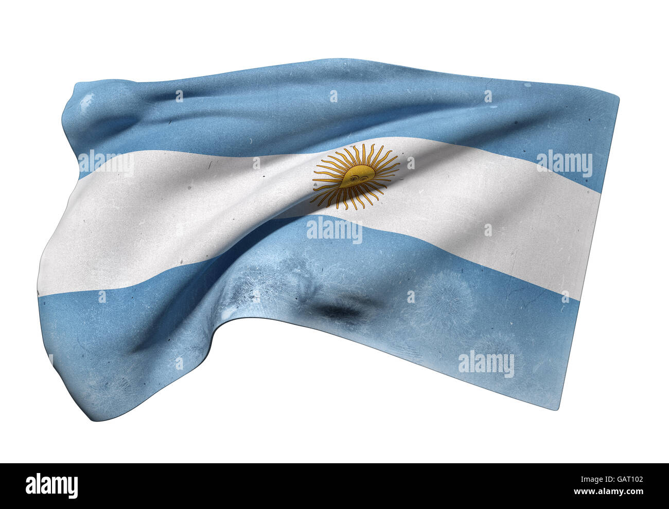 3D-Rendering ein alten und schmutzigen Argentinischen Republik Fahnenschwingen auf weißem Hintergrund Stockfoto