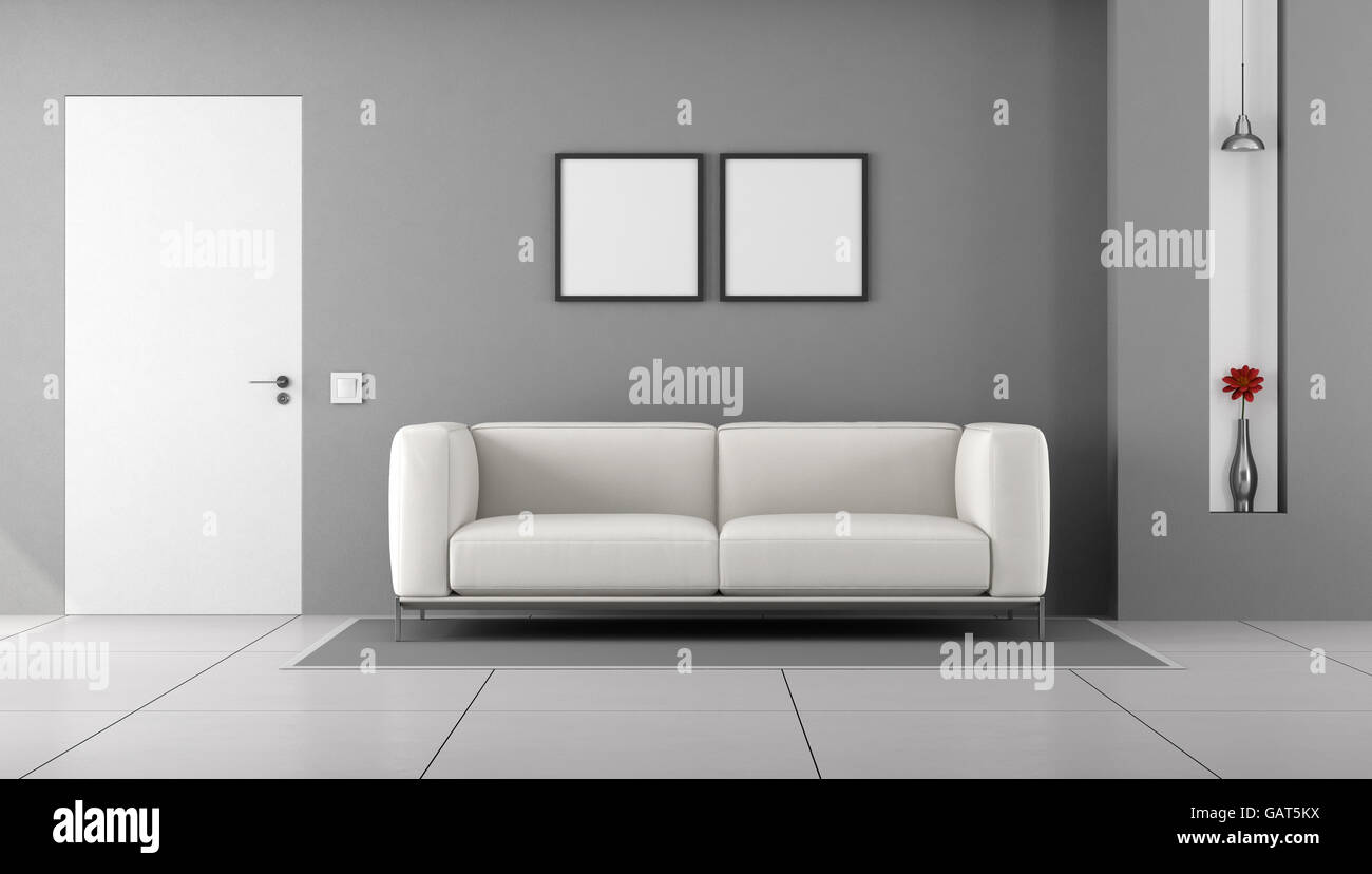 Weiße und graue Wohnzimmer mit geschlossener Tür und moderne Couch - 3d rendering Stockfoto