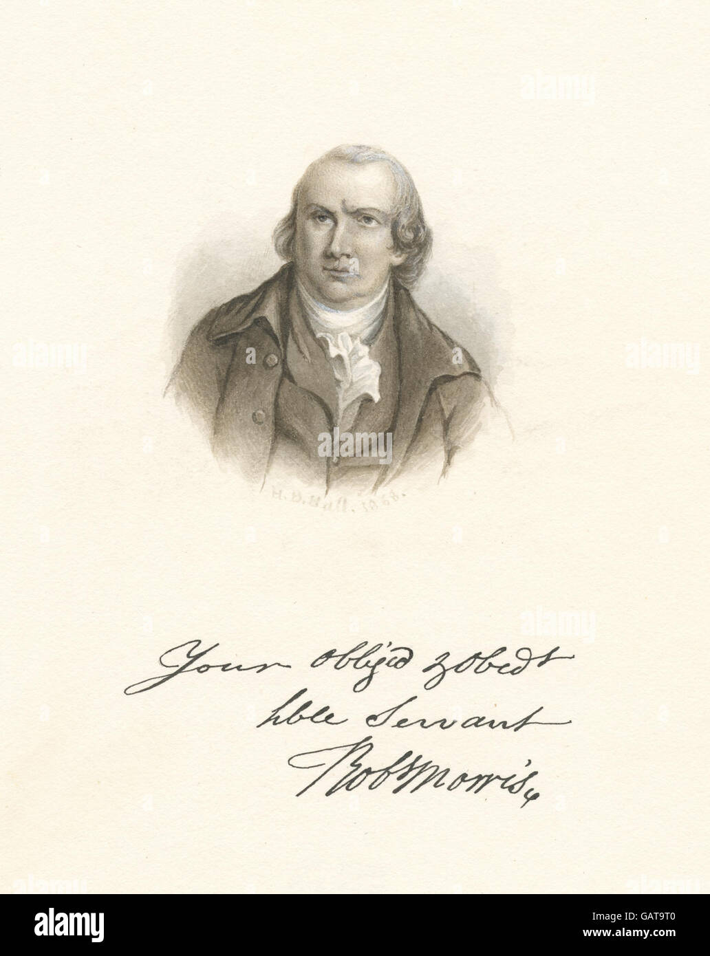 Robert Morris, eine Schlüsselfigur in der amerikanischen Geschichte, wird in einem Porträt aus dem späten 18. Jahrhundert dargestellt, das die Merkmale dieses einflussreichen Gründungsvaters einnimmt. Stockfoto
