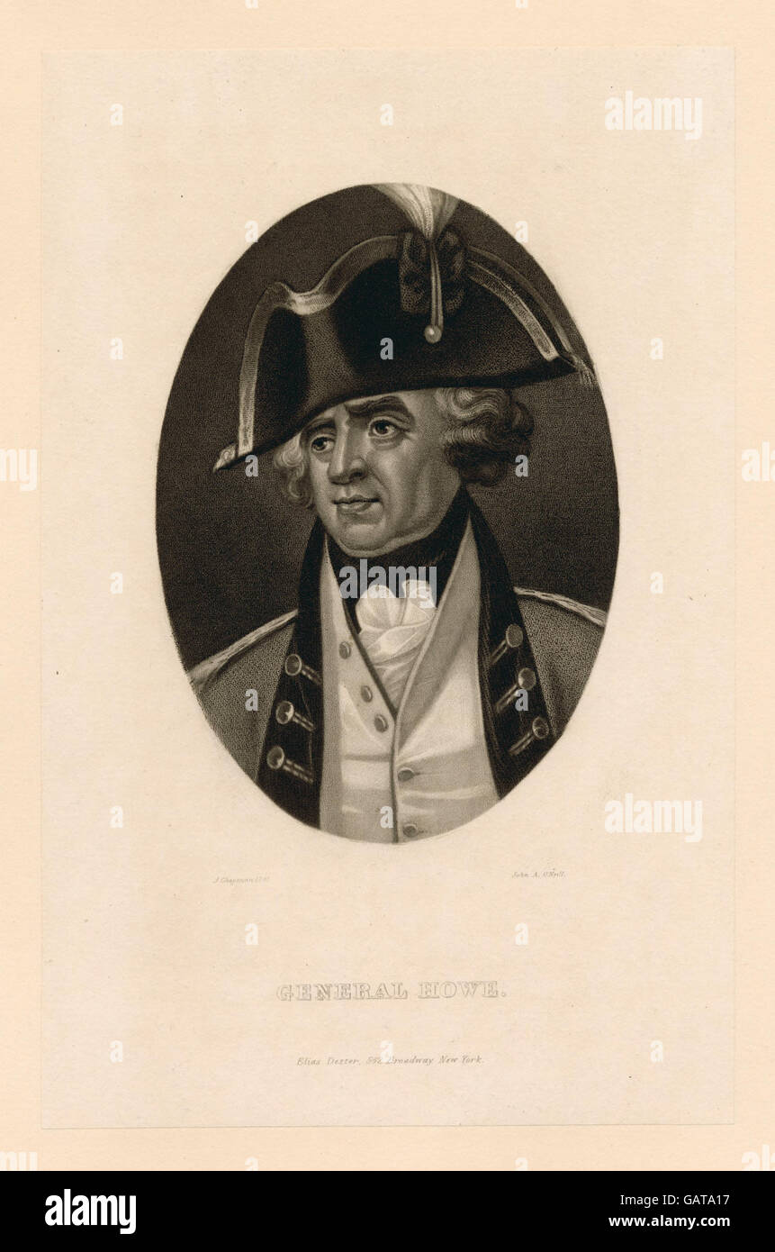 Porträt von General Howe, einer wichtigen historischen Militärfigur, in historischer Kunst erfasst und in Archiven aufbewahrt. Stockfoto