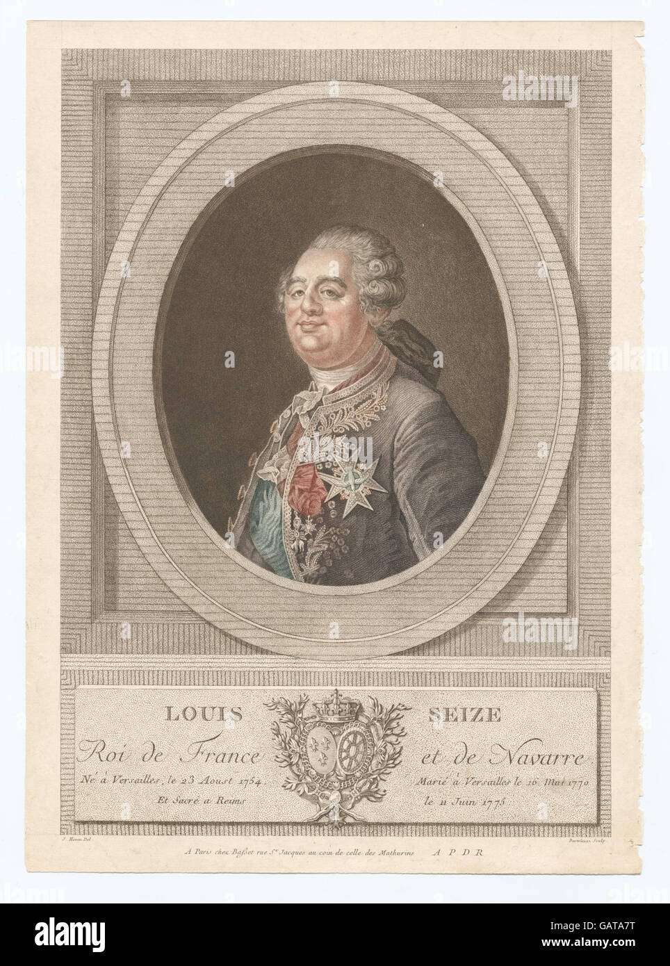 Ein historisches Porträt von Ludwig XVI., König von Frankreich und Navarra. Dieses Kunstwerk fängt den Monarchen während seiner Regierungszeit ein und spiegelt die königliche Bildsprache und den klassischen Stil dieser Zeit wider. Die Ära der Führung Ludwigs XVI. War geprägt von einem bedeutenden politischen und sozialen Wandel. Stockfoto