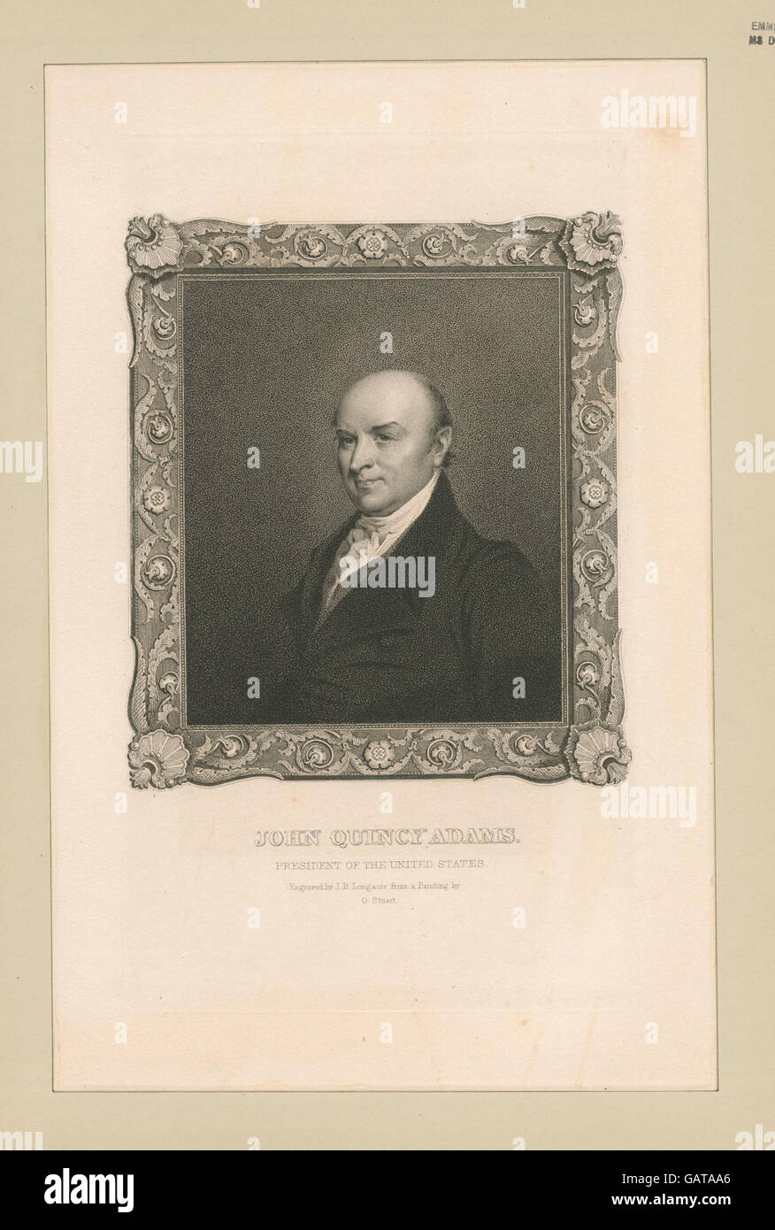 Dieses Bild zeigt John Quincy Adams, den 6. Präsidenten der Vereinigten Staaten. Seine Rolle bei der Gestaltung der frühen amerikanischen Außenpolitik und seine Führung während seiner Präsidentschaft werden in diesem historischen Porträt festgehalten. Stockfoto