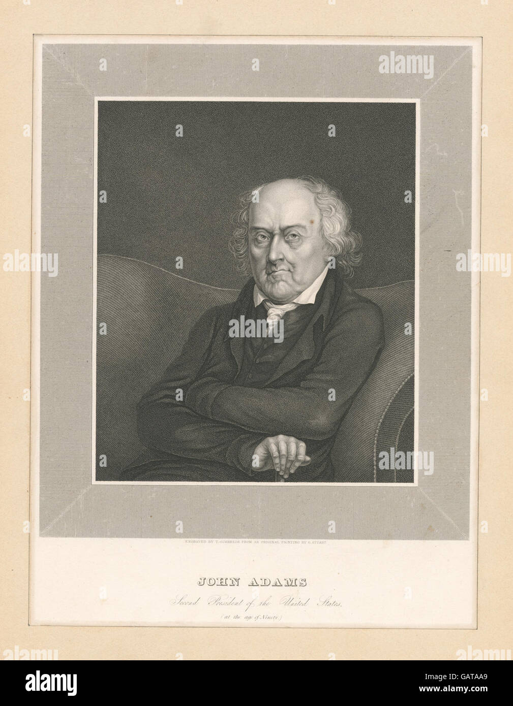 Dieses Porträt von John Adams, dem zweiten Präsidenten der Vereinigten Staaten, zeigt ihn im Alter von neunzig Jahren. Das Kunstwerk fängt den älteren Staatsmann in einem Moment der Reflexion ein und unterstreicht seine historische Bedeutung. Stockfoto