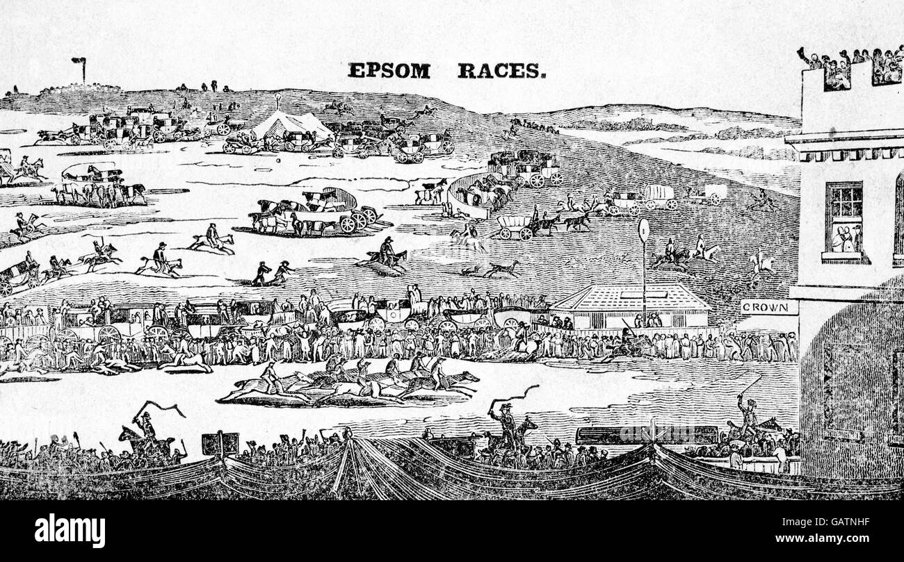 Pferderennen, Epsom. Eine Radierung von Epsom Racecourse Stockfoto