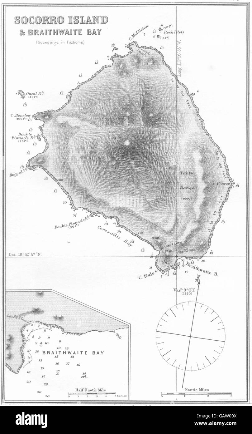 Mexiko: Diagramm Socorro Insel Braithwaite Meeresbucht (Soundings Klafter), 1881 Karte Stockfoto