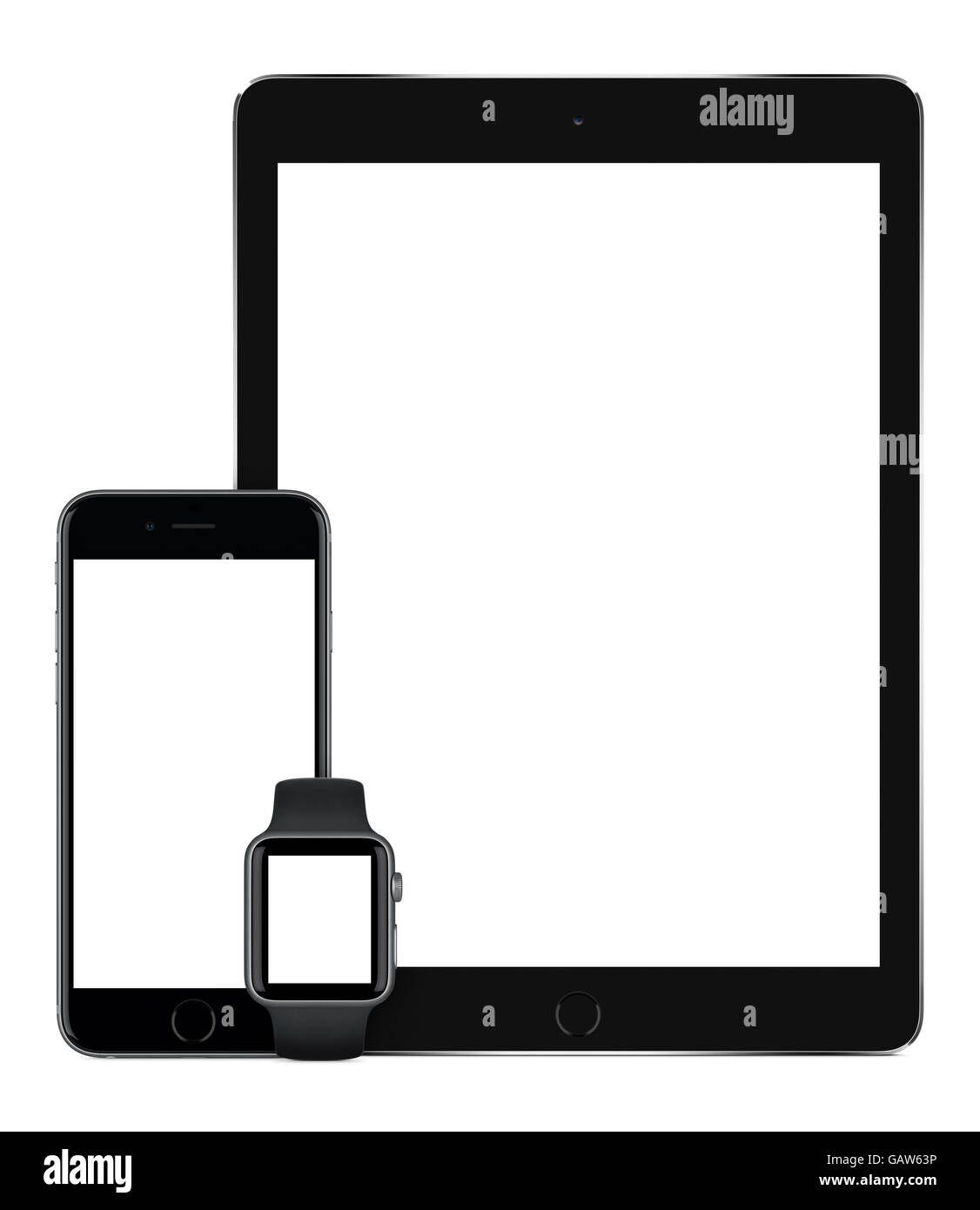 Varna, Bulgarien - 10. März 2016: Apple Space Grau iPad Pro, Apple iPhone 6 s und Apple Watch vertikale Mockup Frontansicht. Stockfoto