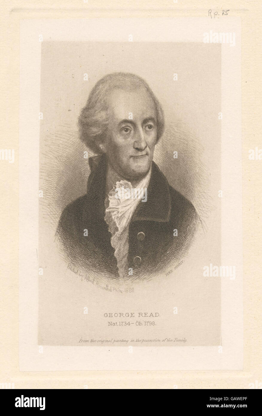 George Read (1733–1798) war ein US-amerikanischer Anwalt und Politiker. Er war Delegierter des Kontinentalkongresses und Unterzeichner der Unabhängigkeitserklärung. Read spielte eine Schlüsselrolle in der frühen amerikanischen Politik und im Recht. Stockfoto