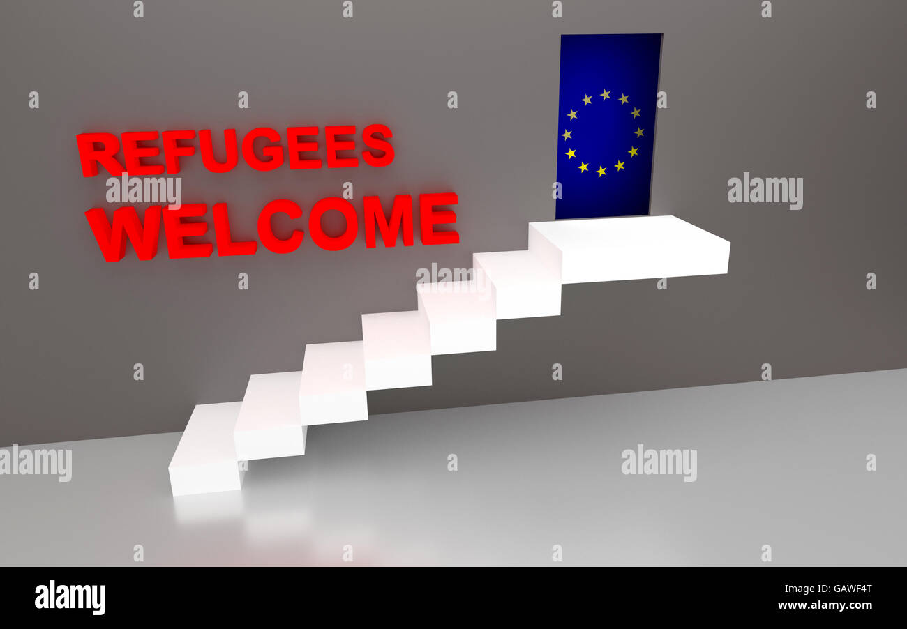 Konzept für Flüchtlinge willkommen EU Bild. 3D-Rendering. Stockfoto