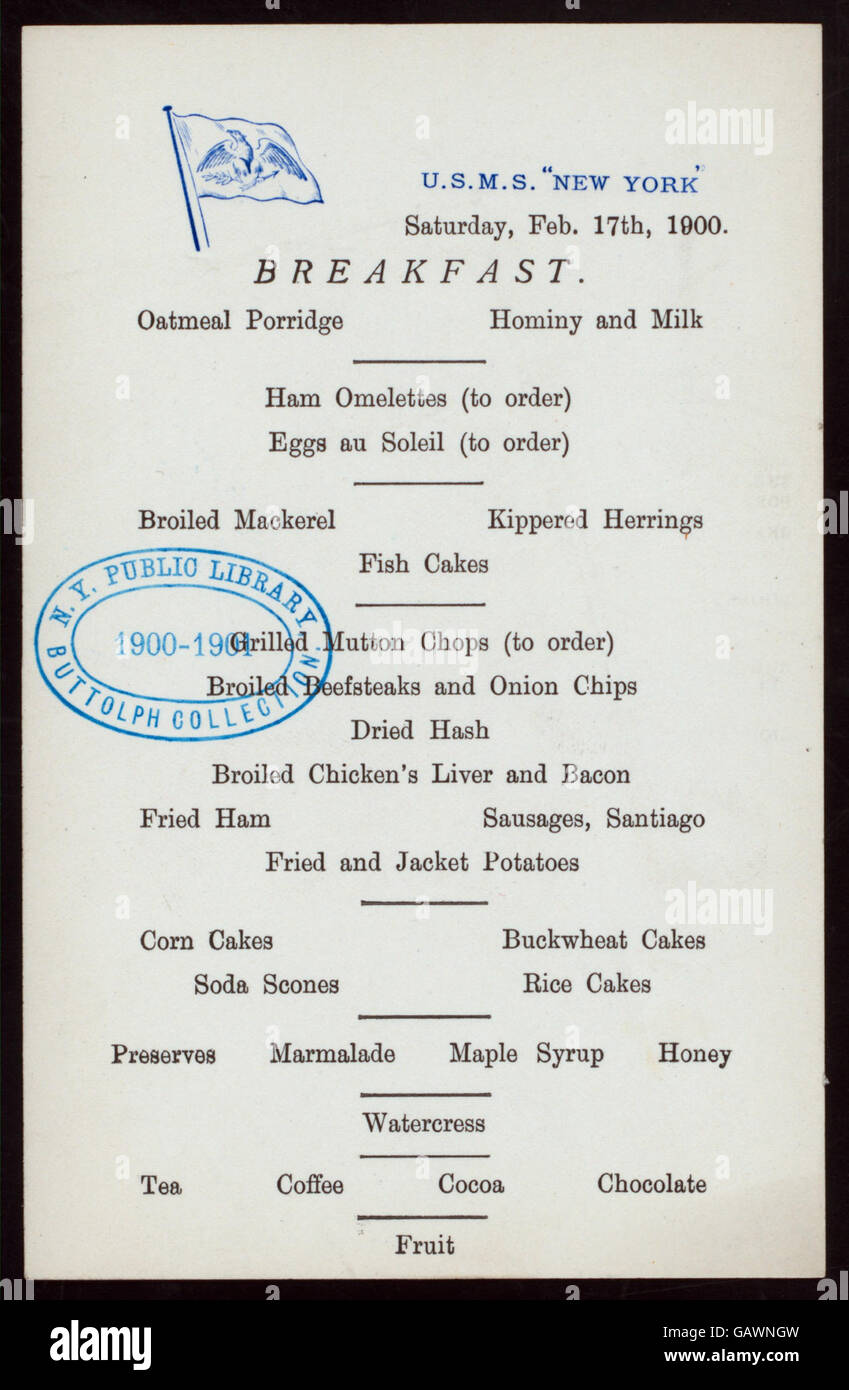 Ein Frühstück wird auf dem Schiff der U.S.M.S. New York, einem Dampfschiff, serviert, während es die Marinetraditionen und den Militärdienst widerspiegelt, der mit dem Schiff verbunden ist. Stockfoto