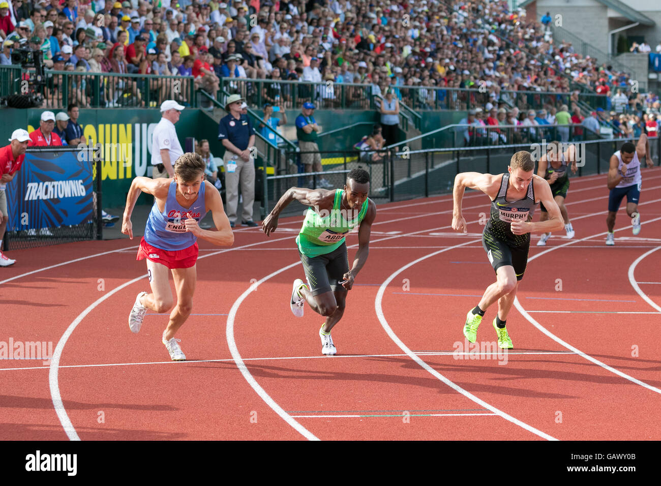 Eugene, USA. 4. Juli 2016. Start der Männer 800m Finale bei den 2016 USATF Olympic Trials in historischen Hayward Field in Eugene, Oregon, USA. Bildnachweis: Joshua Rainey/Alamy Live-Nachrichten. Stockfoto