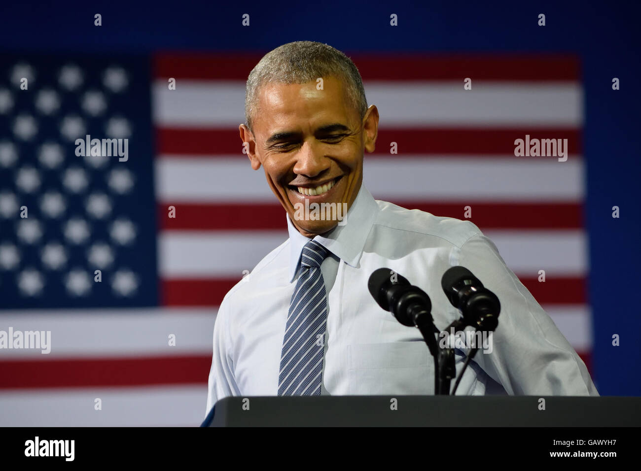 Charlotte, NC, USA. 5. Juli 2016. Ein Porträt von uns Präsident Barack Obama lächelt, als er eine Rede bei einer Aktion liefert Rallye im Charlotte Convention Center. Bildnachweis: Evan El-Amin/Alamy Live-Nachrichten Stockfoto