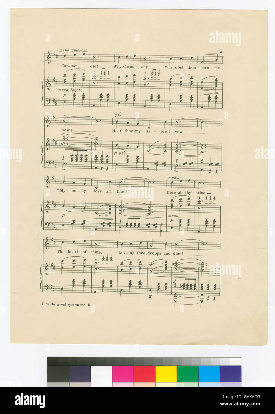 Turn Thy Great Eyes on Me ist ein romantisches und gefühlvolles Lied, das wahrscheinlich die Sehnsucht und emotionale Sehnsucht des Sängers widerspiegelt. Der Titel betont die emotionale Tiefe der Liebe und den Wunsch nach gegenseitiger Aufmerksamkeit und Zuneigung. Stockfoto