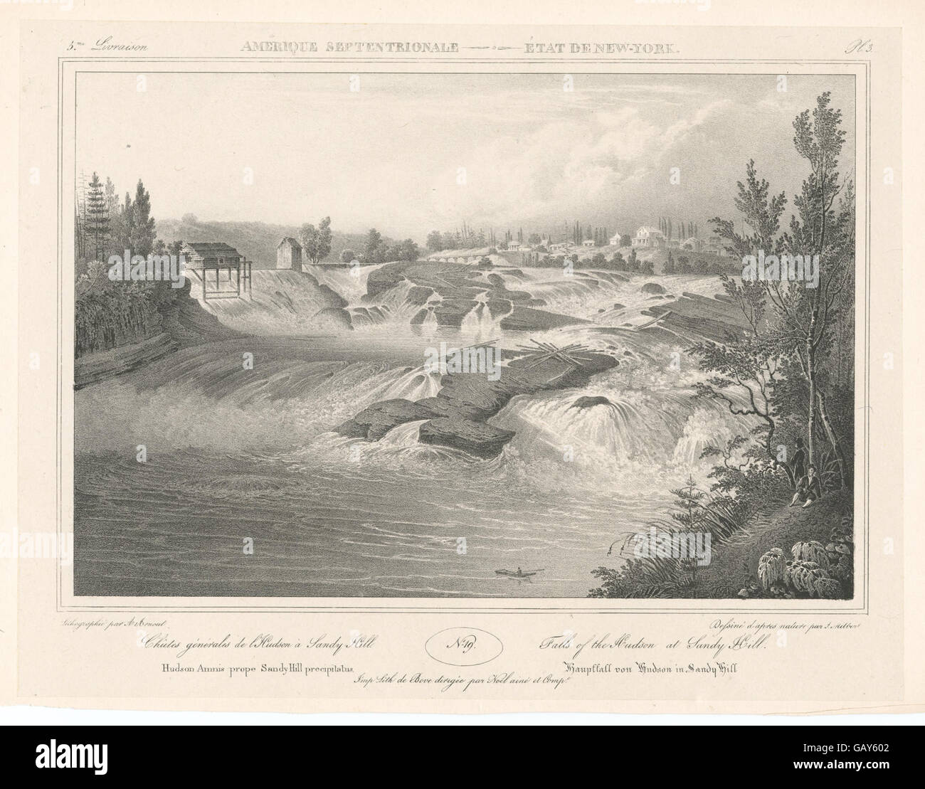 Eine historische Karte mit dem Titel „Chutes generales de l’Hudson a Sandy Hill“, identifiziert durch b12610207-424918, die die allgemeinen Fälle des Hudson River von seiner Quelle bis zum Sandy Hill darstellt. Stockfoto