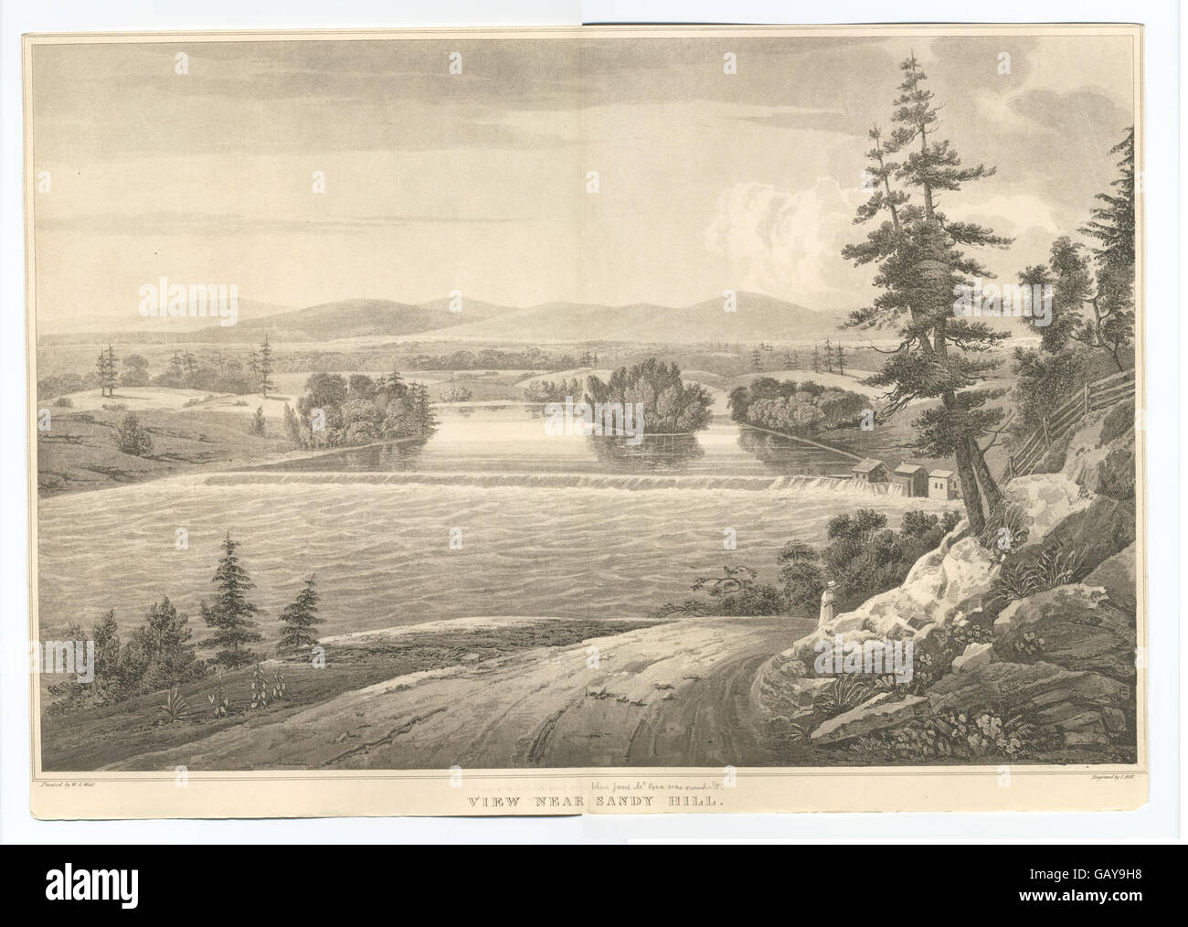 Die Aussicht in der Nähe von Sandy Hill zeigt eine malerische Landschaft, wahrscheinlich aus einer ländlichen oder natürlichen Umgebung, die in einem historischen Kontext erfasst wird. Der Ort ist vielleicht für seine natürliche Schönheit bekannt und bietet eine ruhige Umgebung. Stockfoto